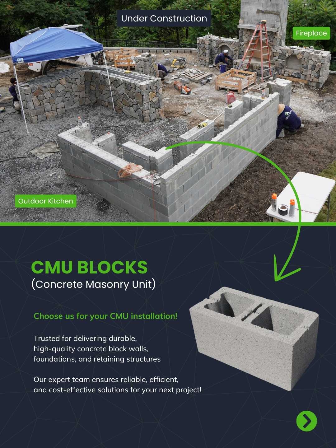 CMU blocks used as the foundation of a stone outdoor kitchen under construction.