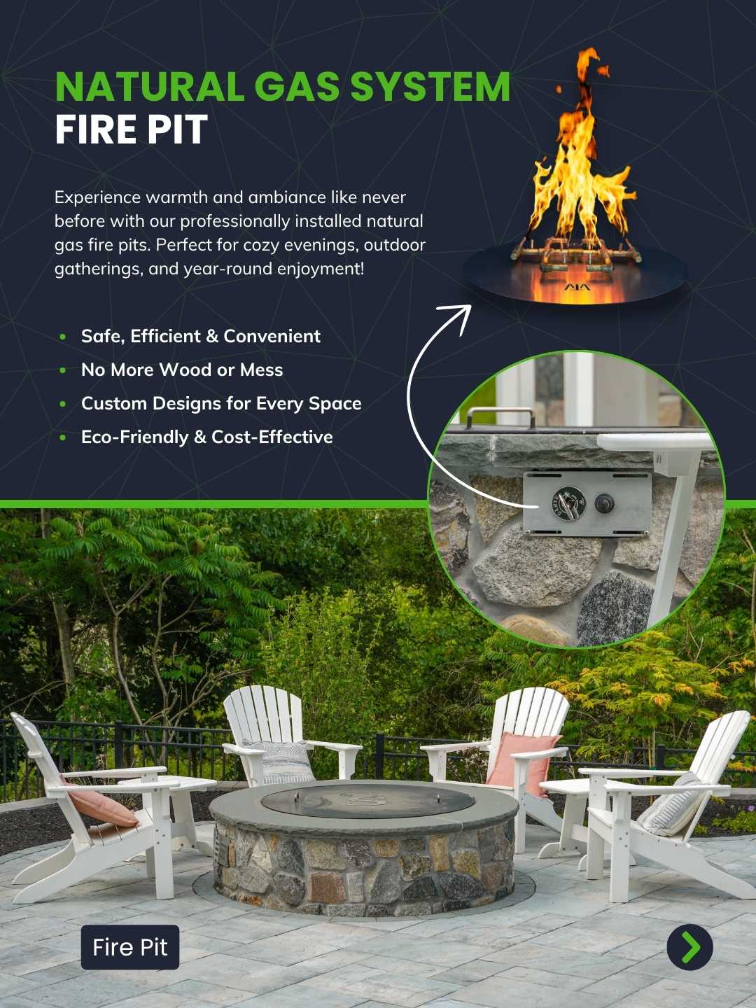 Circular natural gas fire pit made of light gray stone on a modern patio.
