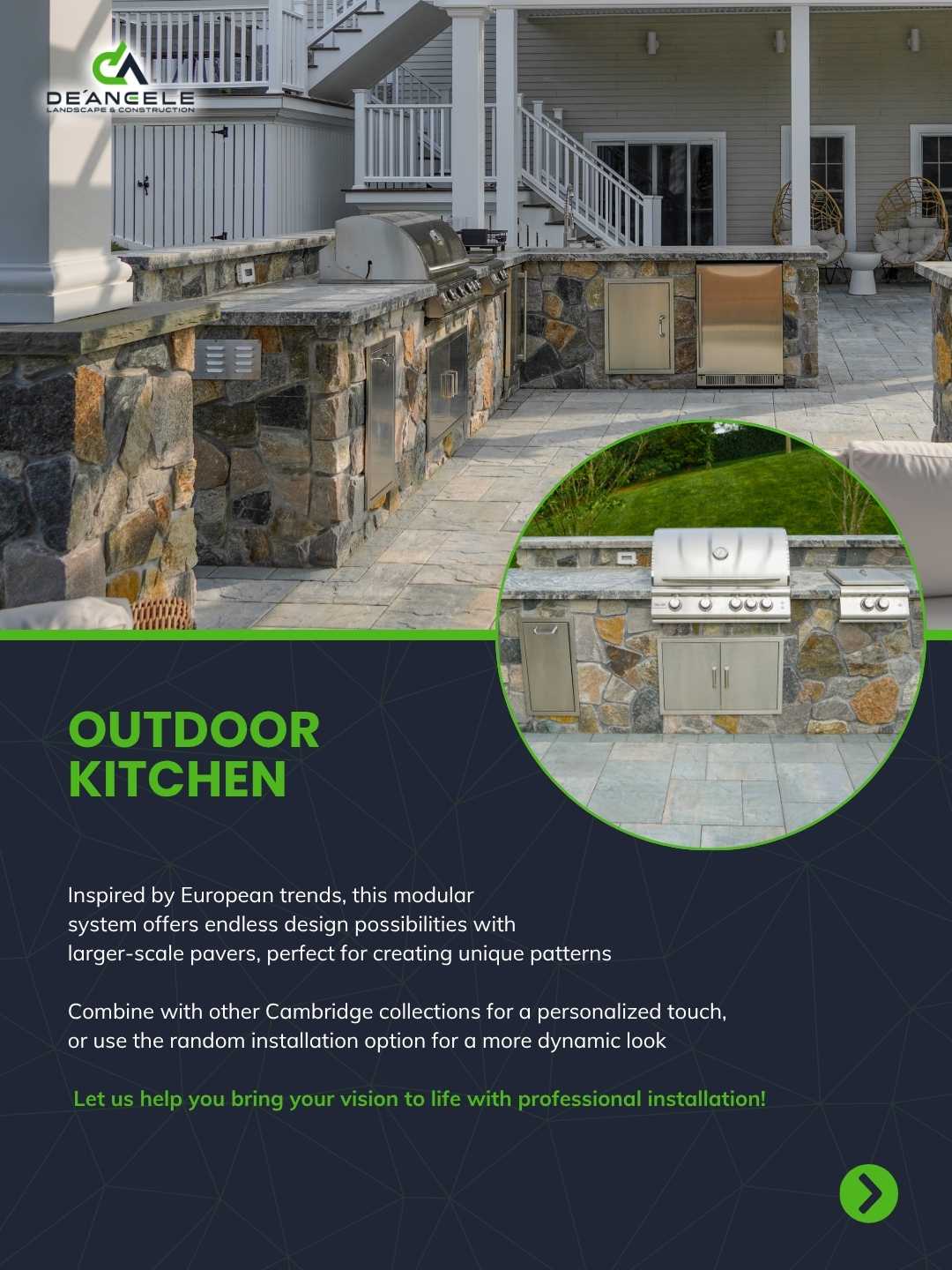 Outdoor kitchen island built with granite counters and stone veneer.